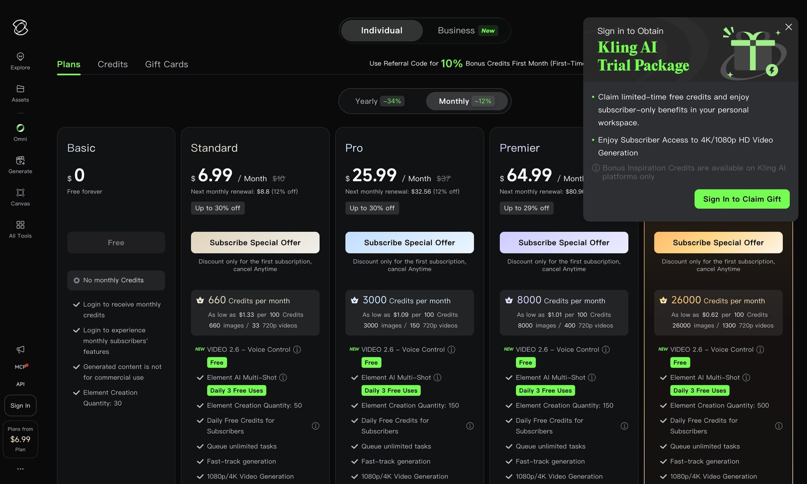 Kling AI membership page showing the Basic plan with no monthly credits and the Standard plan with 660 credits