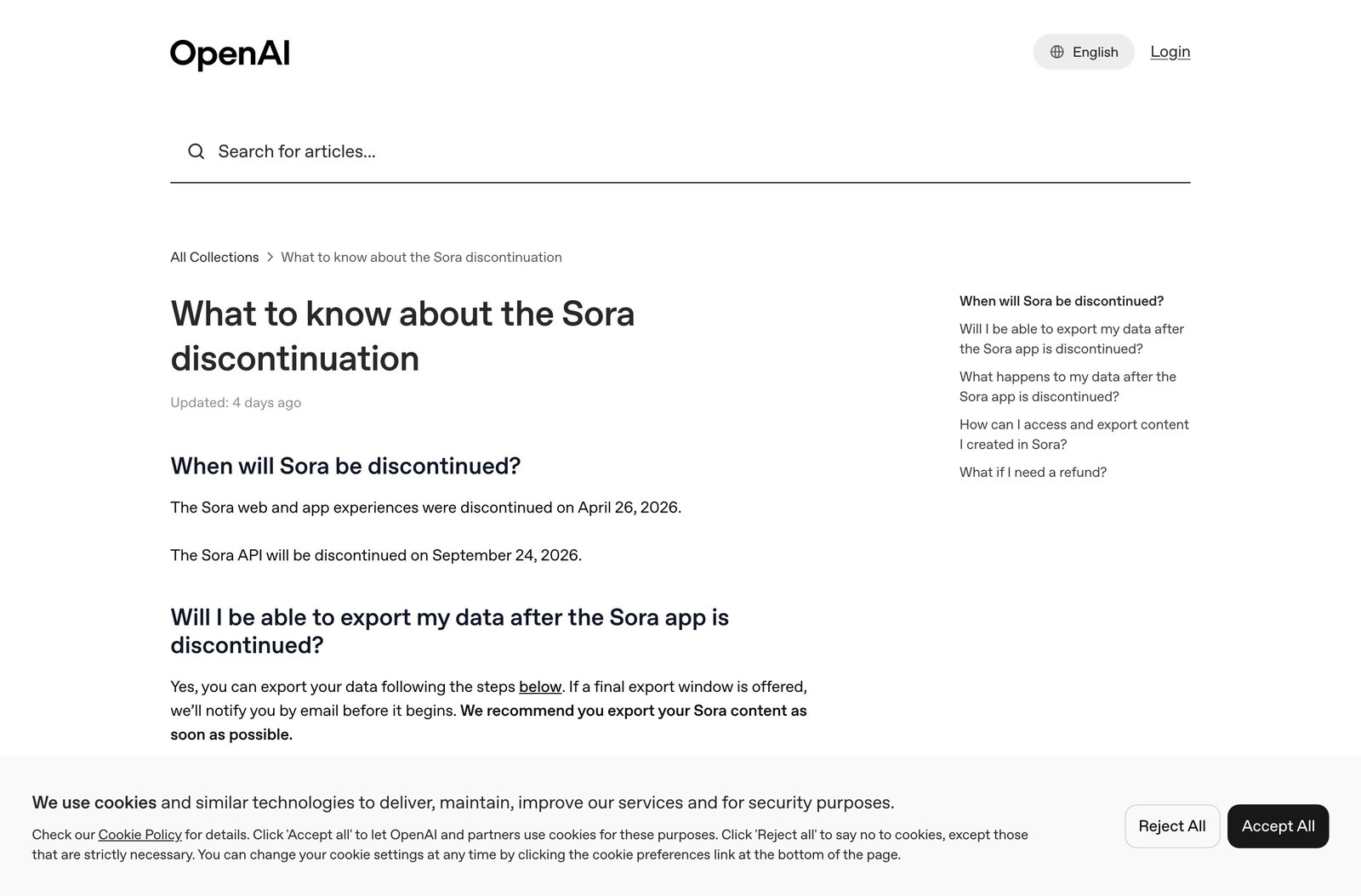 Screenshot of the OpenAI help center announcing the Sora shutdown on April 26, 2026 and the API shutdown on September 24, 2026