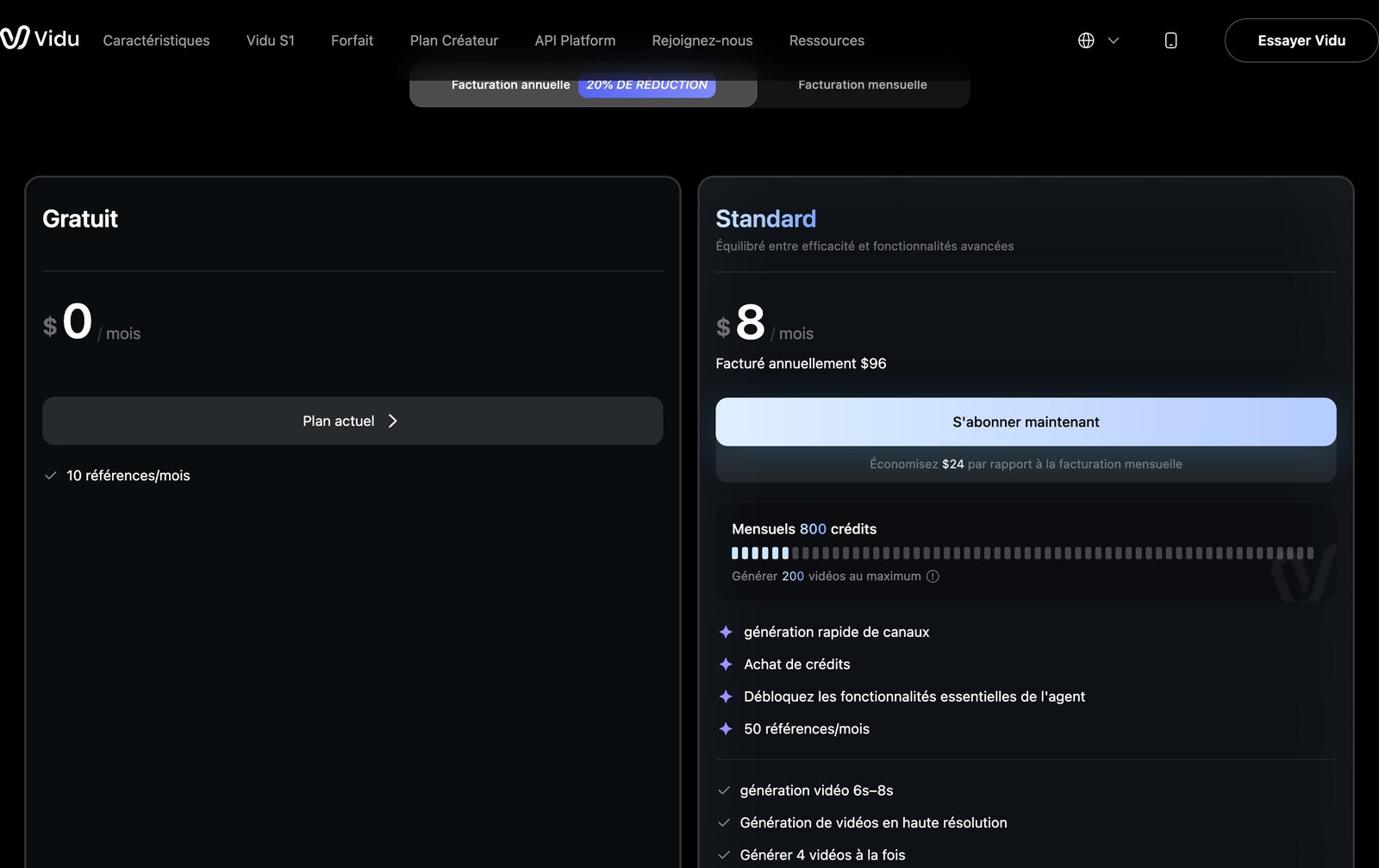 Page de tarifs française de Vidu avec le plan gratuit et le plan Standard à 800 crédits