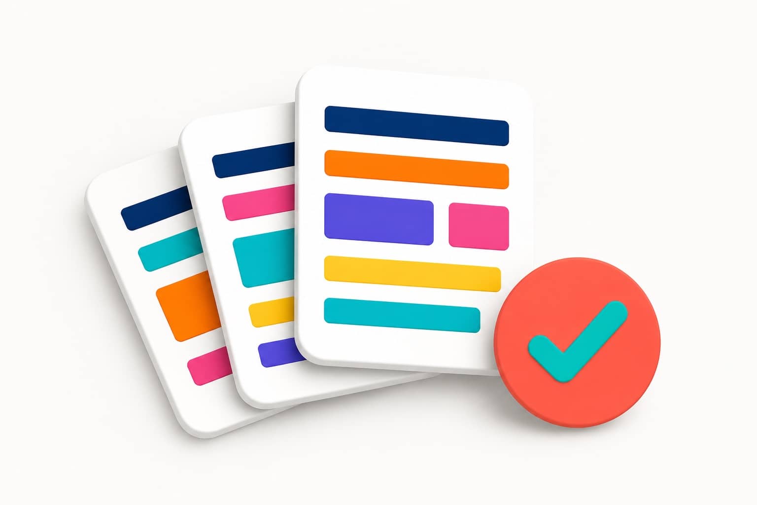 Illustration 3D : trois cartes de diapositives en éventail avec un jeton de validation coloré