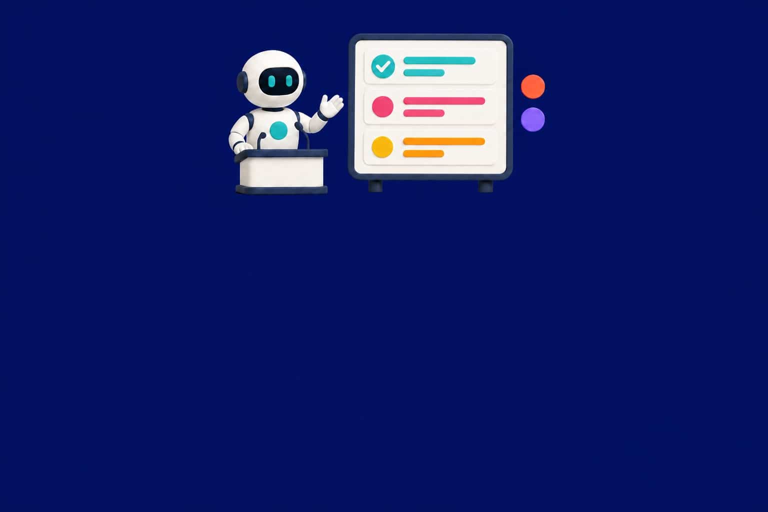 Illustration 3D sur fond bleu marine : un robot présente des diapositives générées par l'IA sur un grand écran