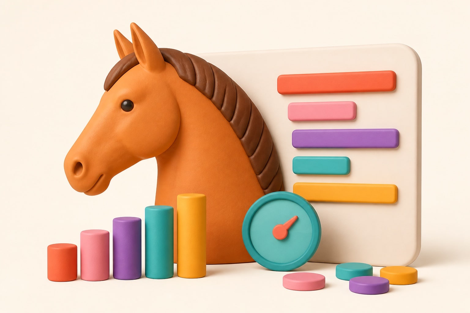 Illustration 3D d'une fiche de forme de cheval avec barres de statistiques colorées et jauge, style éditorial