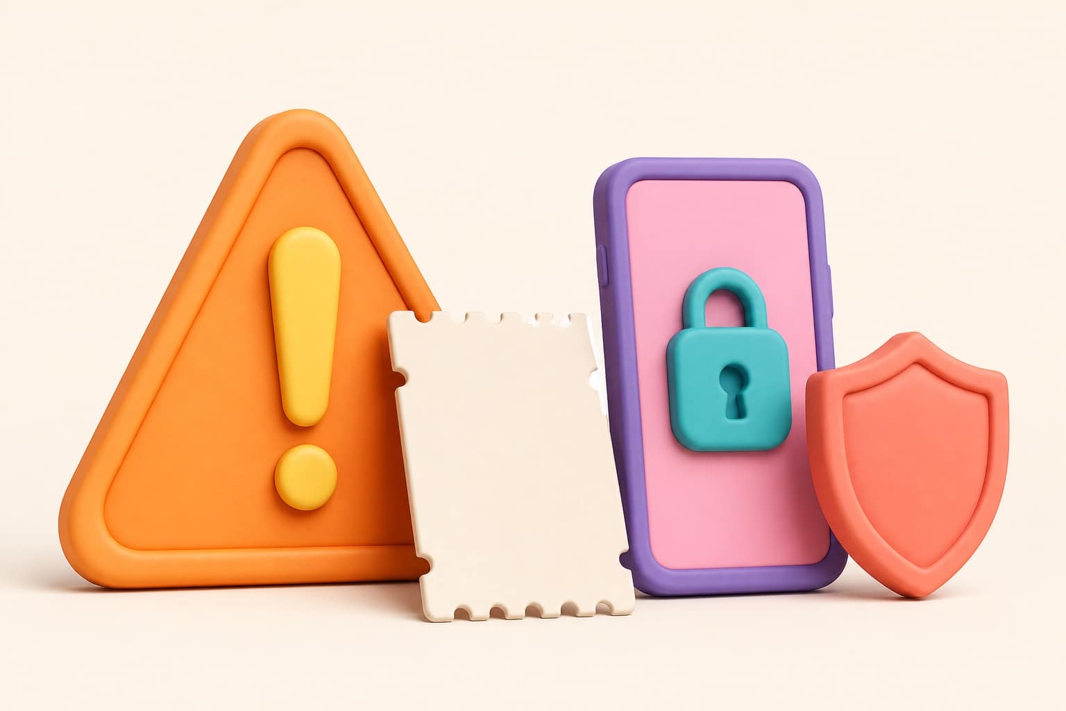 Illustration 3D d'un triangle d'alerte coloré à côté d'un ticket de pari et d'un smartphone avec cadenas, style éditorial