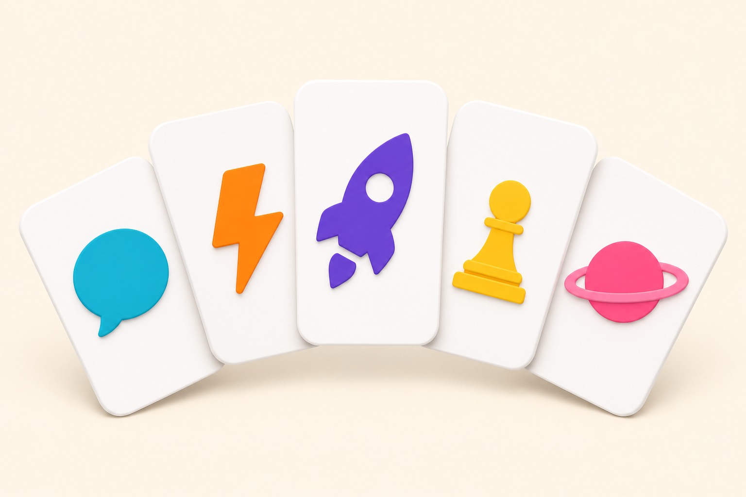 Five cards of AI coding tools with colorful symbols: speech bubble, lightning bolt, rocket, chess pawn, planet