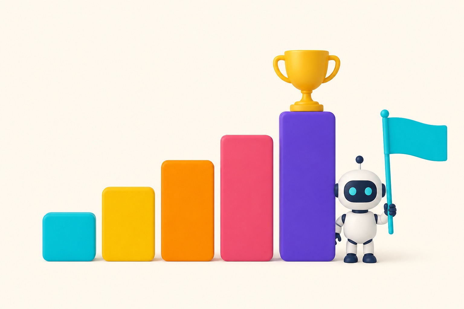 Performance podium with ascending colored bars, a golden trophy and a small robot holding a flag
