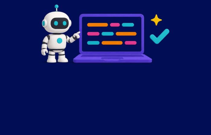 Robot IA de Nation à côté d'un ordinateur portable qui affiche des lignes de code colorées : illustration de la meilleure IA pour coder en 2026