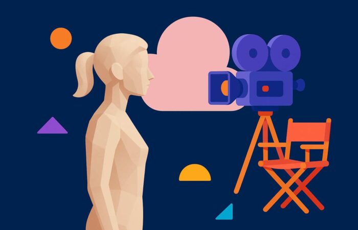 Silhouette d'actrice virtuelle face à une caméra de cinéma