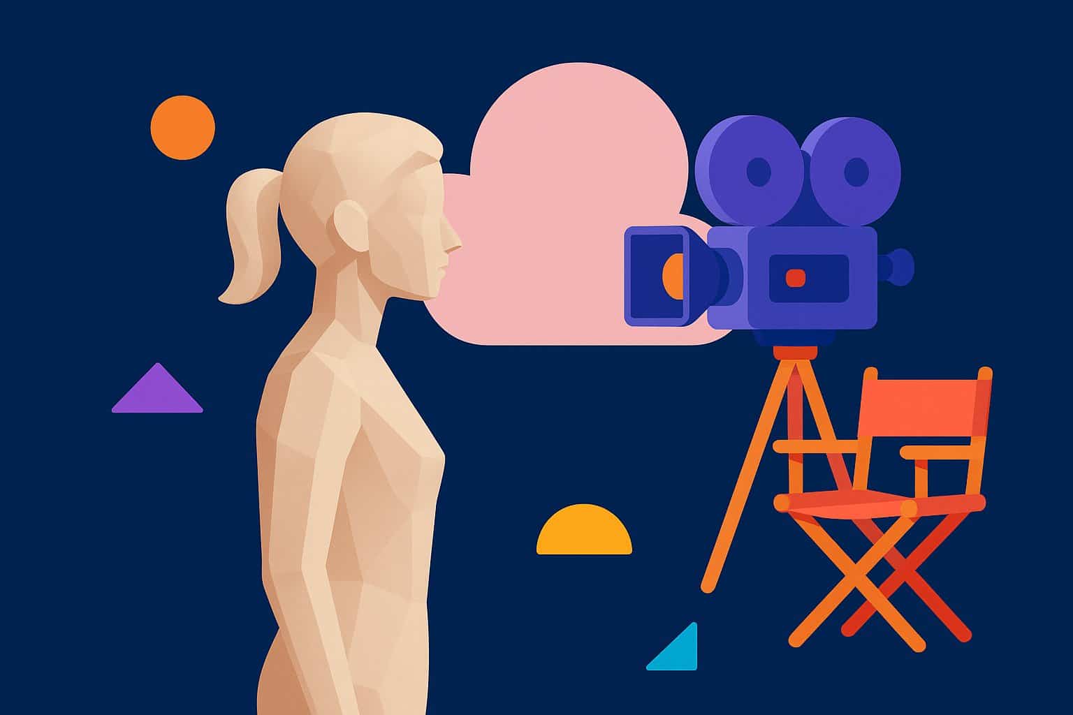 Silhouette d'actrice virtuelle face à une caméra de cinéma