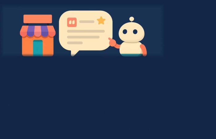 Illustration d'une boutique de marque citée dans la réponse d'un moteur IA, robot assistant et bulle de conversation sur fond bleu marine