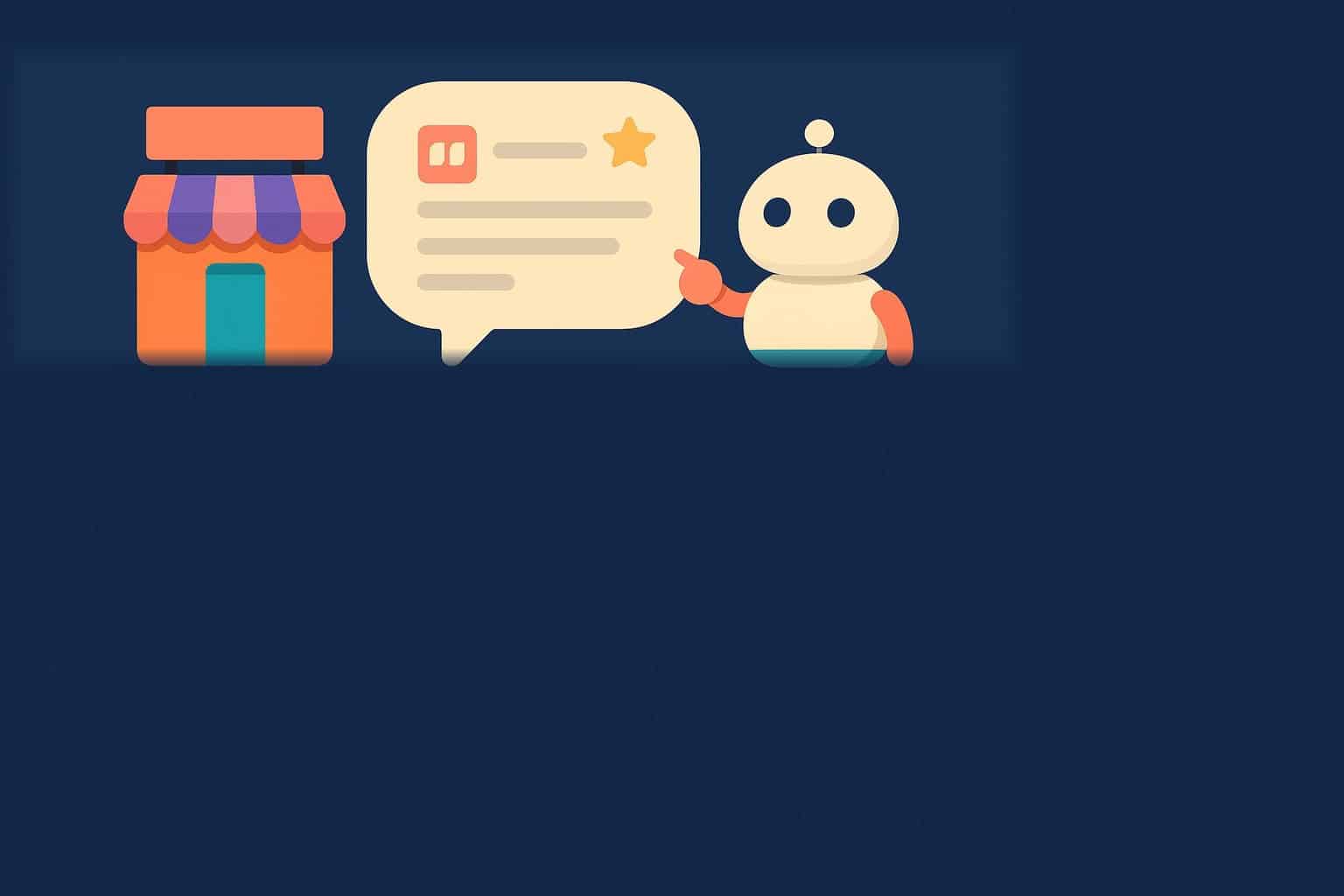 Illustration d'une boutique de marque citée dans la réponse d'un moteur IA, robot assistant et bulle de conversation sur fond bleu marine