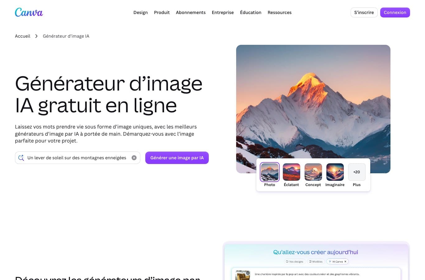Page Generateur d'image IA de Canva : un champ de texte, aucune zone d'import de photo