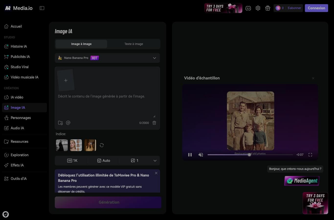 Interface Media.io avec les onglets Image a image et Texte a image et la zone d'import