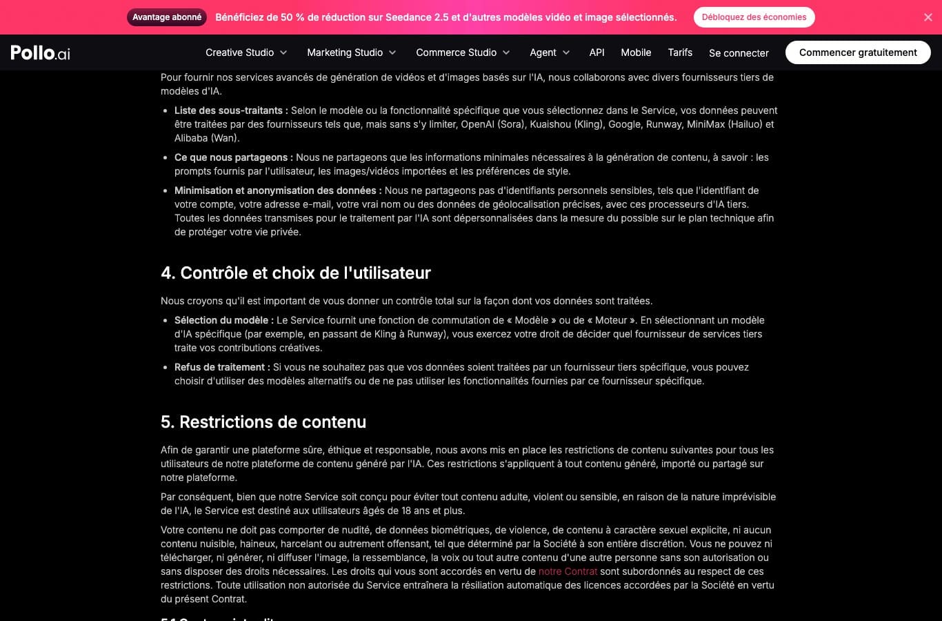 Politique de confidentialite de Pollo AI listant les sous-traitants qui recoivent les images importees