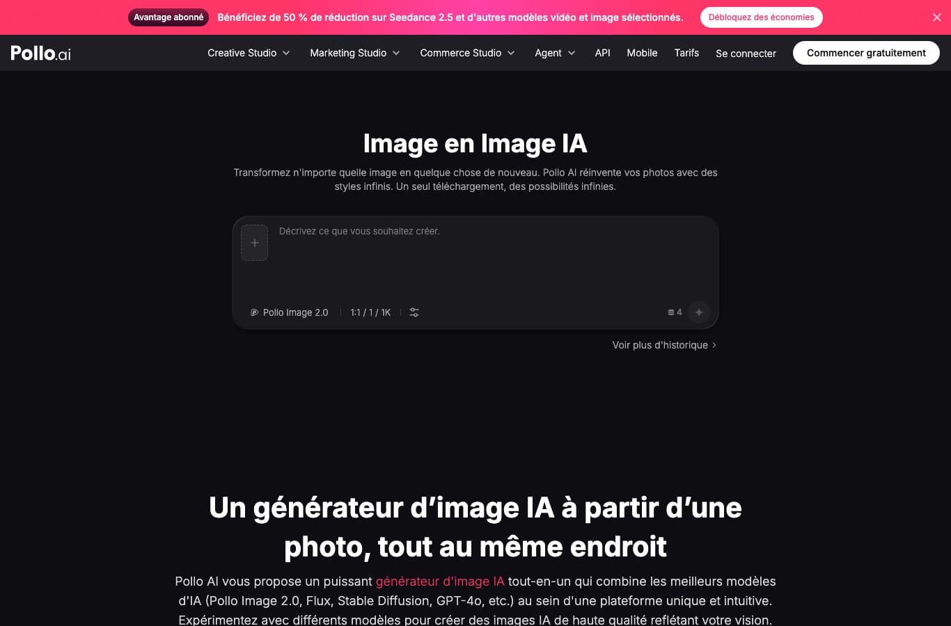 Page Image en Image IA de Pollo AI avec sa zone d'import et le modele Pollo Image 2.0