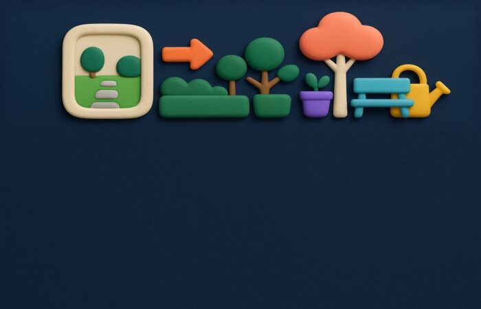 Illustration 3D en pâte à modeler : une photo de jardin transformée en aménagement avec haie, arbre, banc et arrosoir