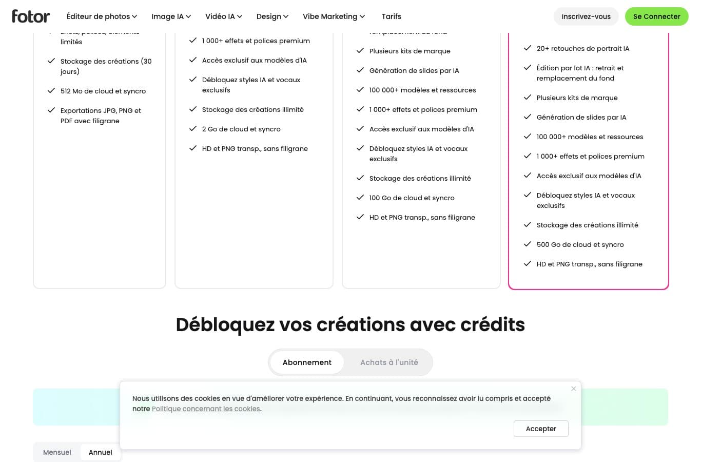 Colonne Basic de Fotor : stockage des créations pendant 30 jours et exportations JPG, PNG et PDF avec filigrane