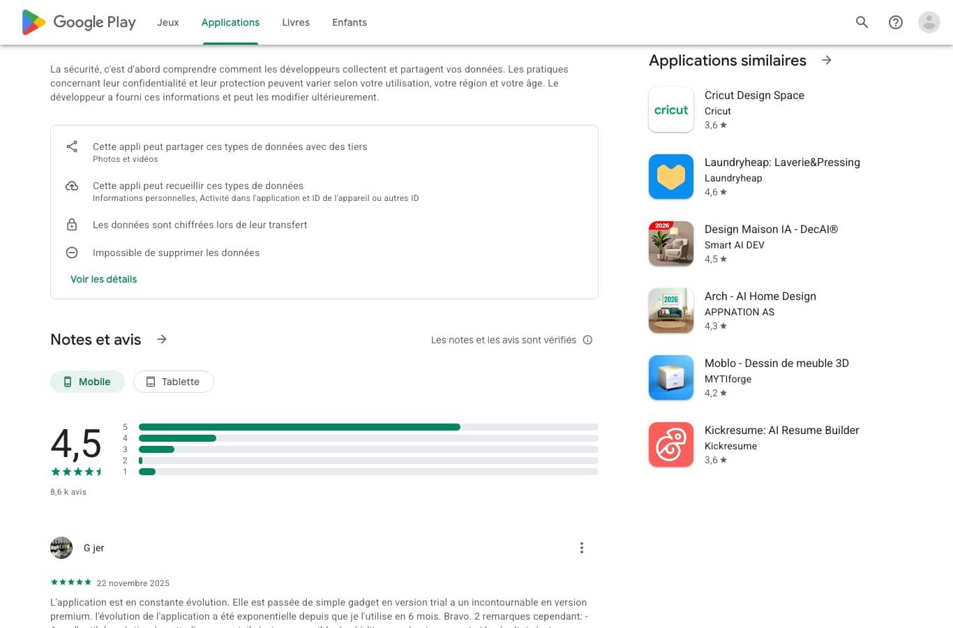 Carte Sécurité des données de la fiche Google Play de Garden AI, indiquant un partage possible des photos et vidéos avec des tiers