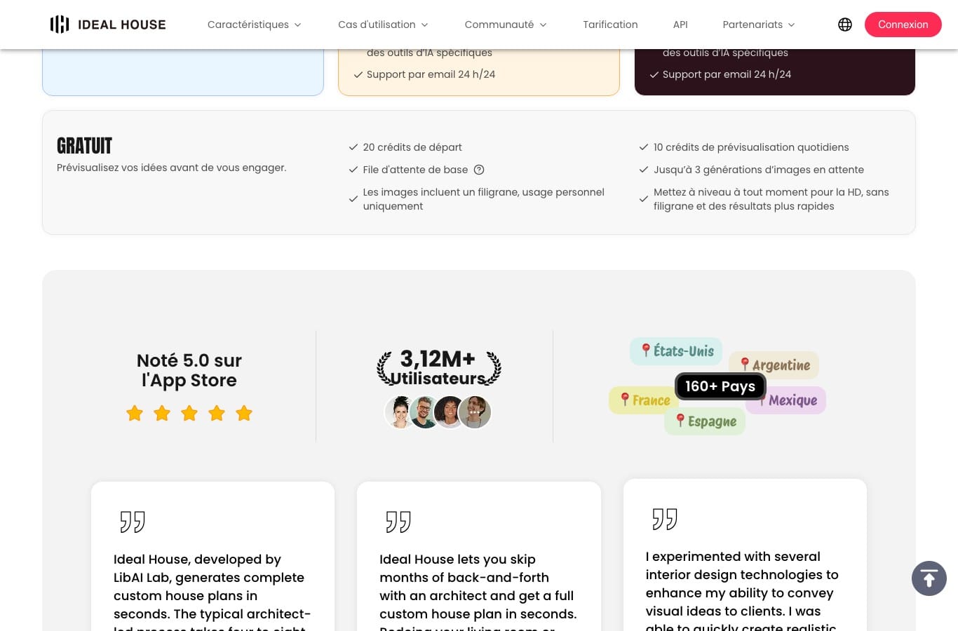 Bloc gratuit d'Ideal House : 20 crédits de départ, 10 crédits de prévisualisation quotidiens, images avec filigrane et usage personnel uniquement