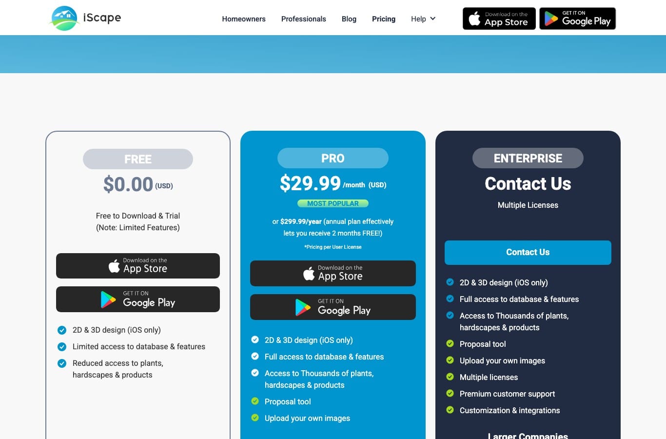 iScape pricing: the free column has reduced access to plants and uploading your own images starts on the paid plan