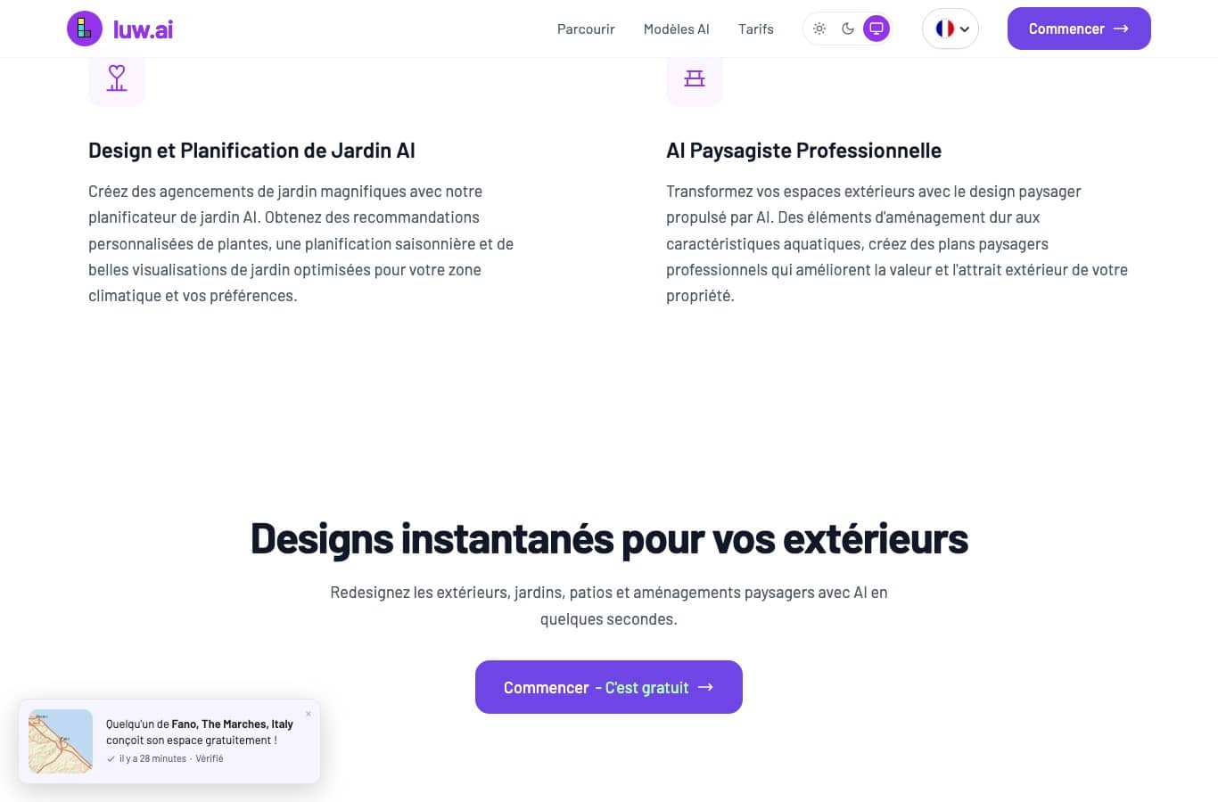Page de Luw.ai promettant des recommandations personnalisées de plantes et des visualisations optimisées pour votre zone climatique