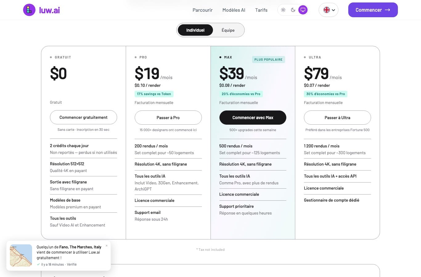 Grille tarifaire de Luw.ai : le plan gratuit donne 2 crédits chaque jour, une résolution de 512 par 512 pixels et une sortie avec filigrane