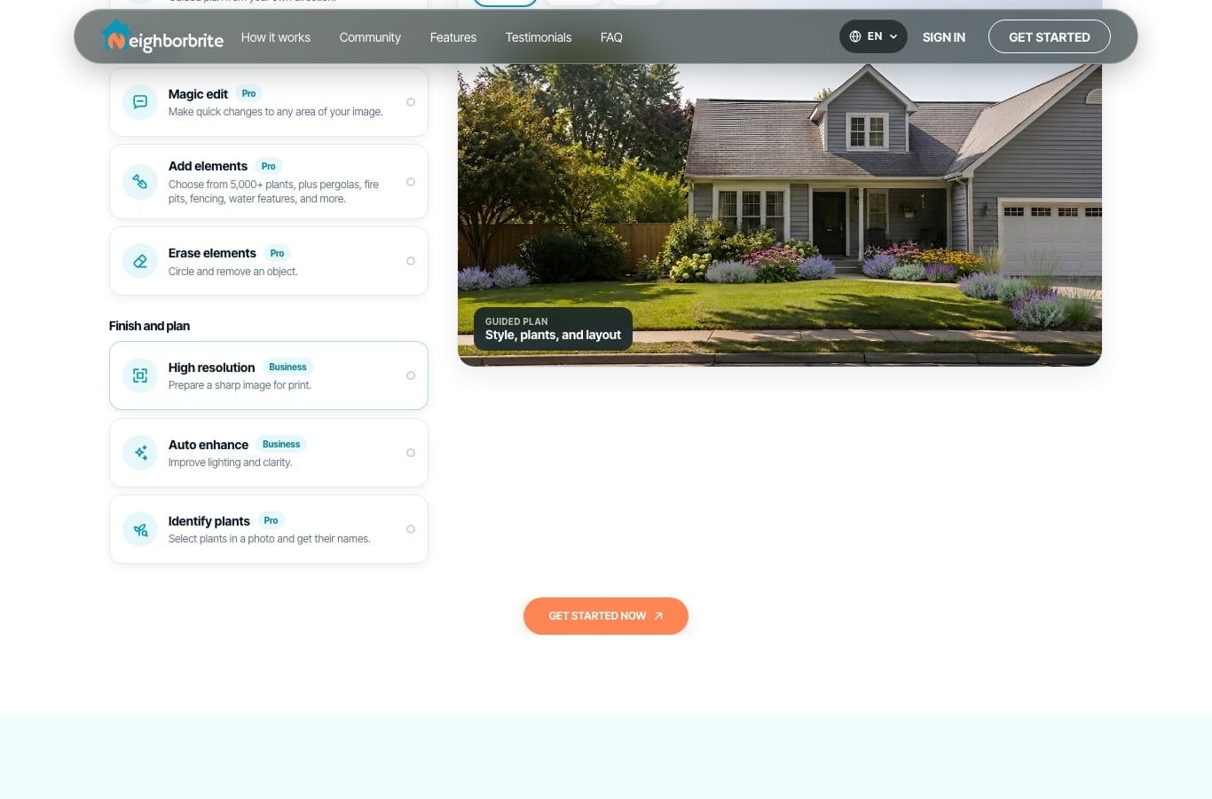 Neighborbrite toolbox: Magic edit, Add elements and Identify plants all carry the Pro tag