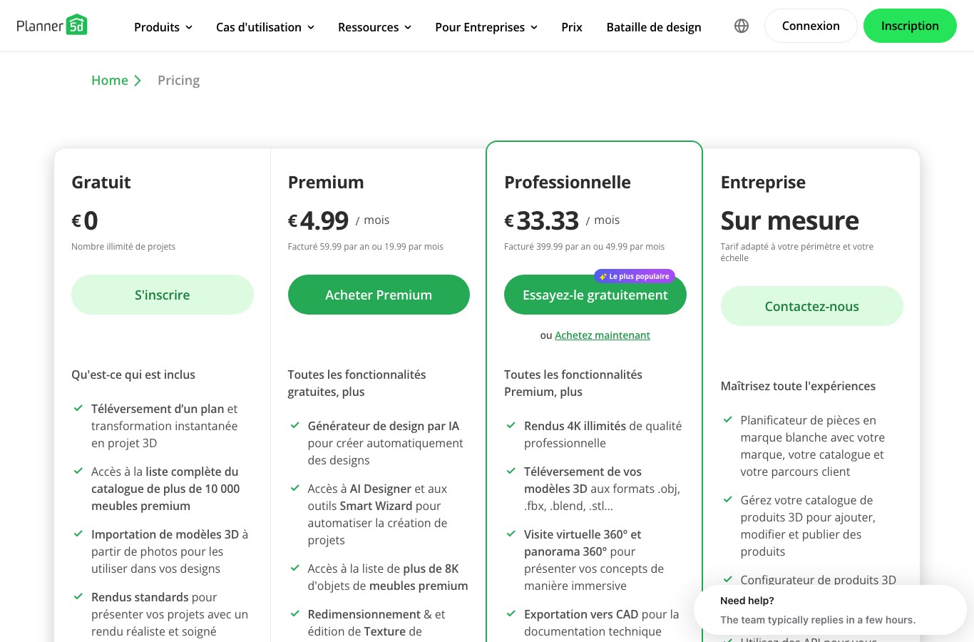 Grille de Planner 5D : le plan gratuit offre des projets illimités, le générateur de design par IA commence au plan Premium