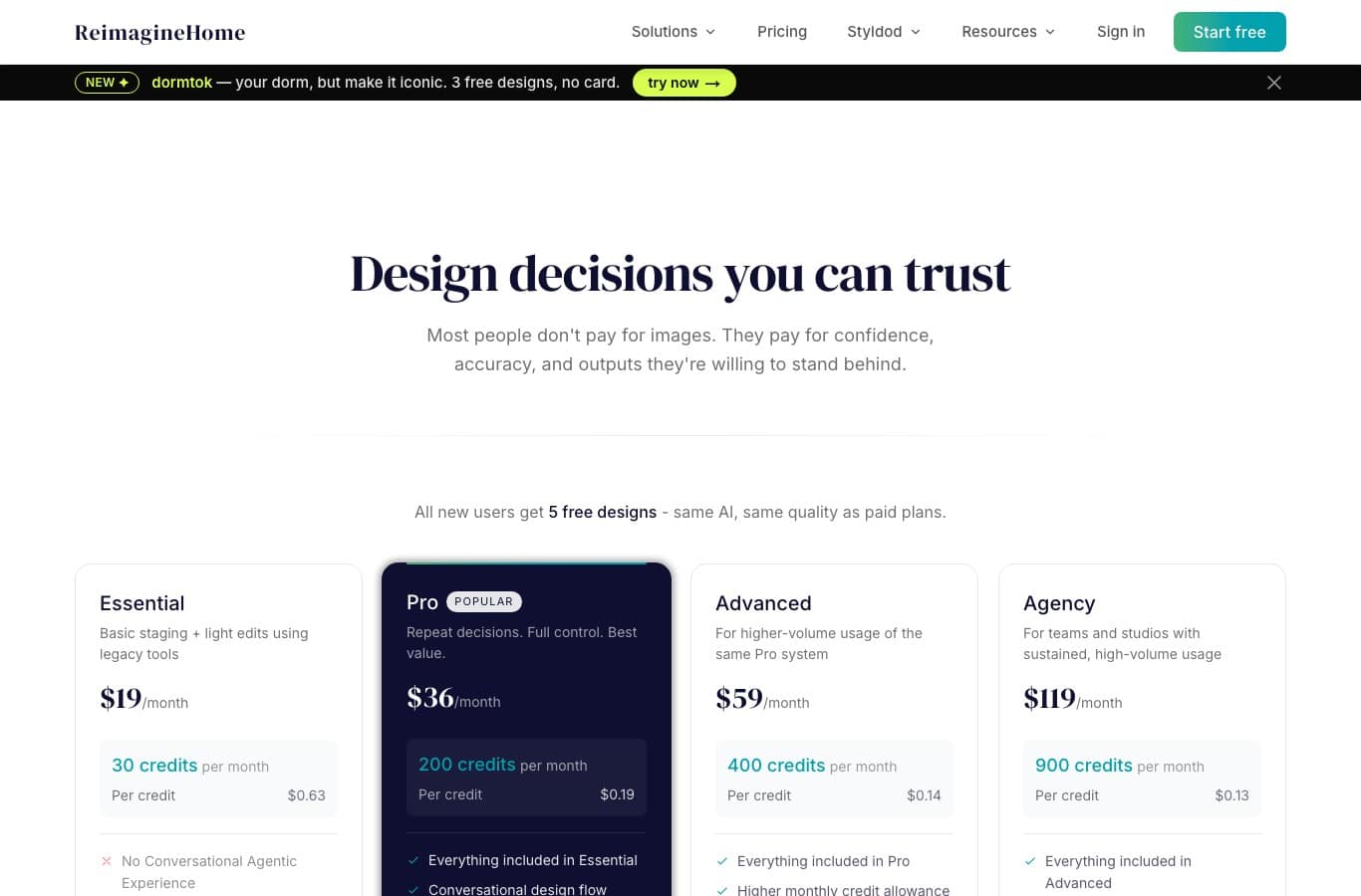ReimagineHome pricing page offering five free designs to new users then plans from 19 dollars a month