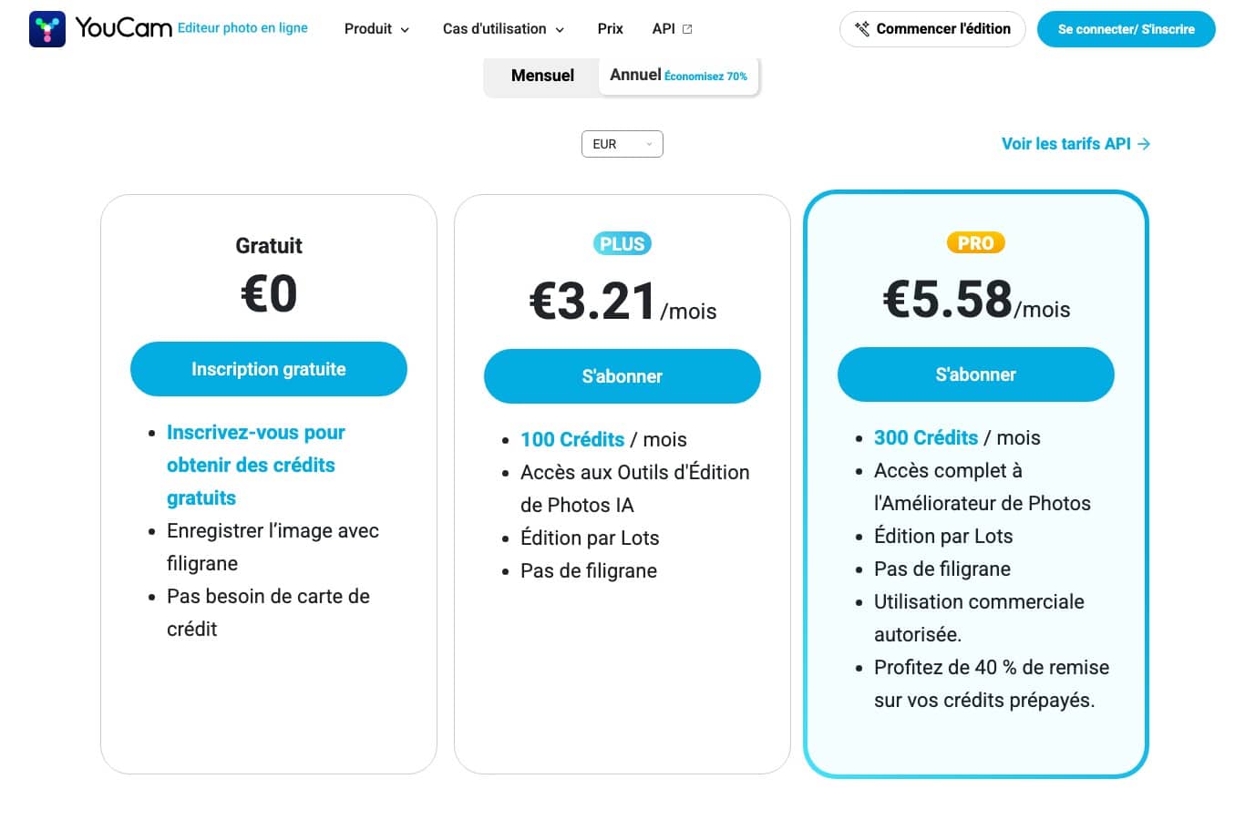 Grille de YouCam : le forfait gratuit enregistre l'image avec filigrane, l'utilisation commerciale est réservée au plan Pro