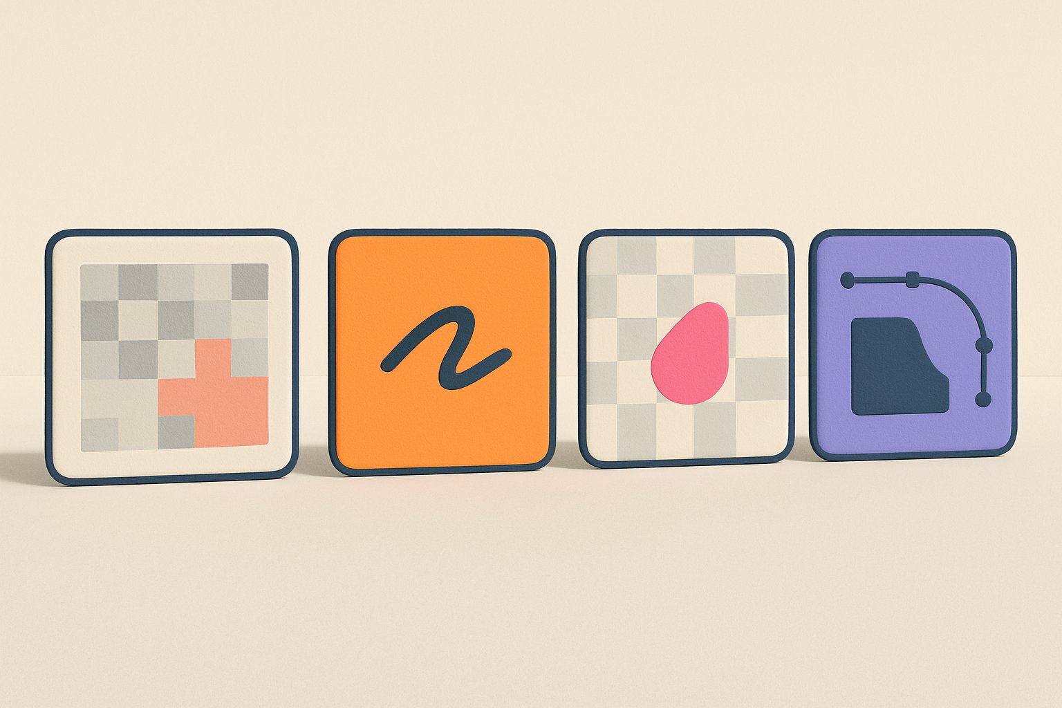 Four tiles showing a pixelated file, a sharp PNG, a transparent background and a vector path