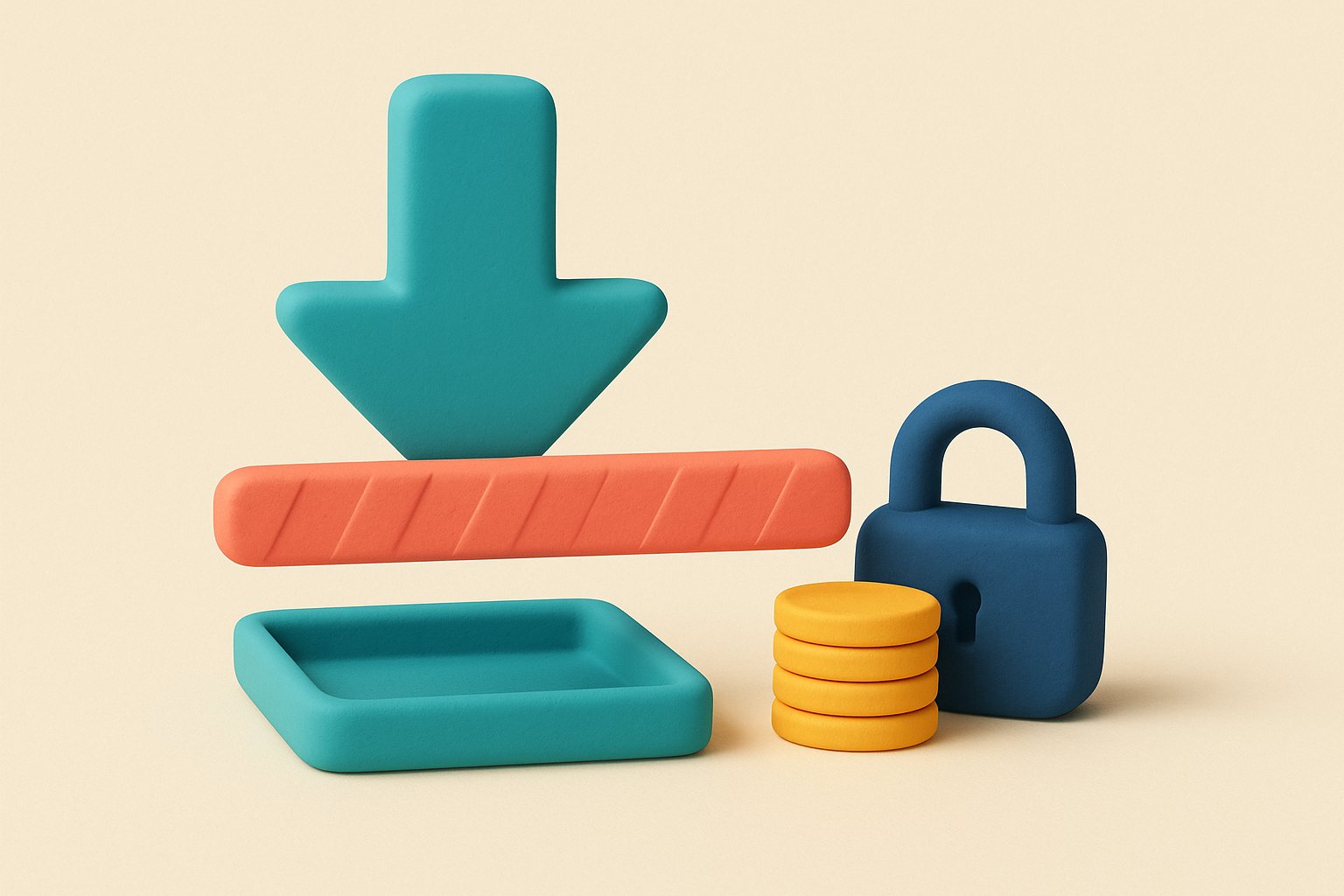 Illustration of a download arrow blocked by a barrier, with tokens and a padlock