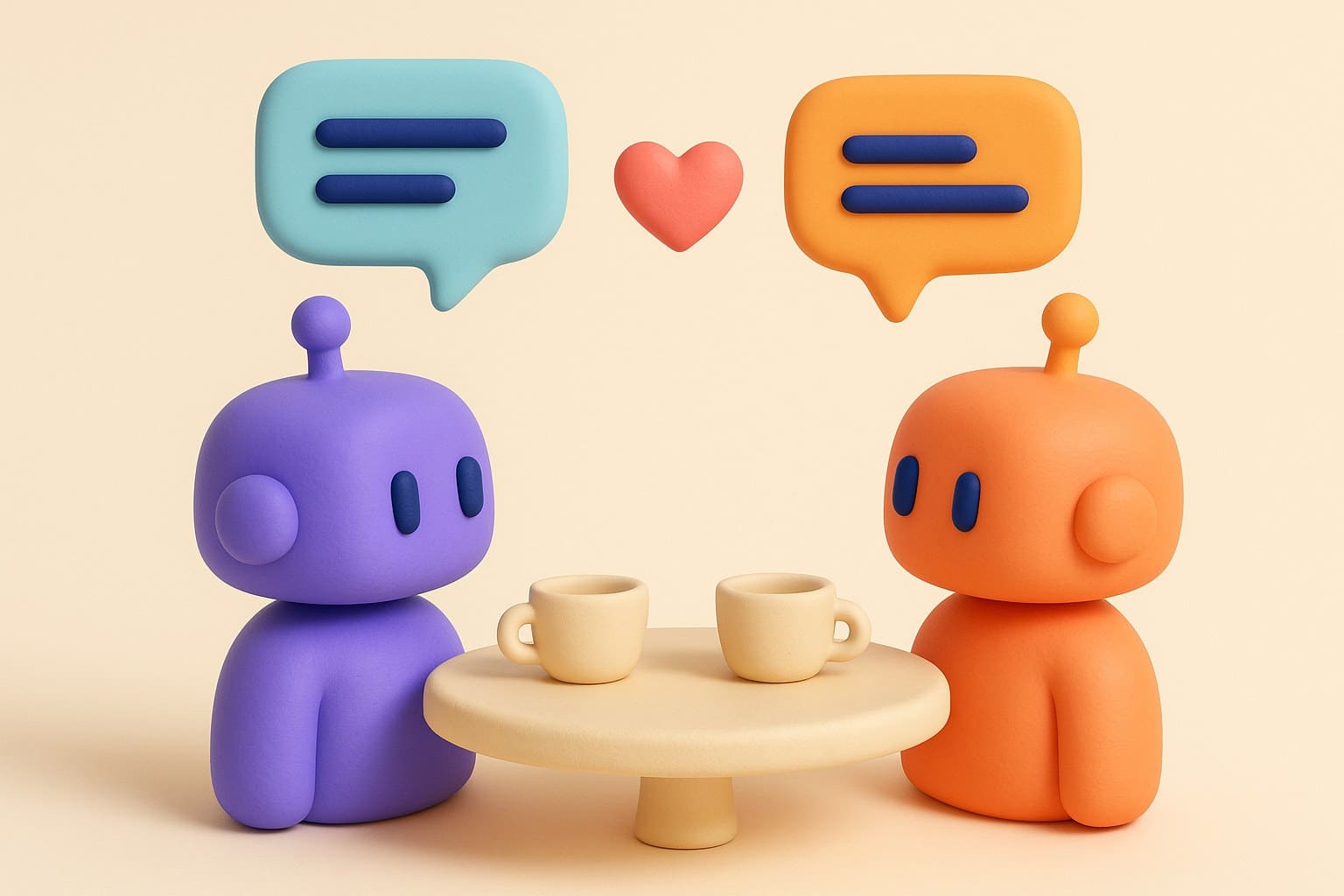 Illustration : deux têtes de robot face à face de part et d'autre d'une table de terrasse de café, chacune avec sa bulle de conversation, symbole des 41 pour cent de Français ouverts au dating entre intelligences artificielles.