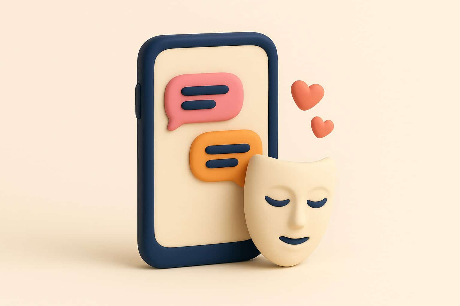 Illustration : un smartphone affichant deux bulles de conversation, à demi masqué par un masque de théâtre, symbole des 43 pour cent d'utilisateurs qui n'ont jamais avoué que l'IA écrivait pour eux.