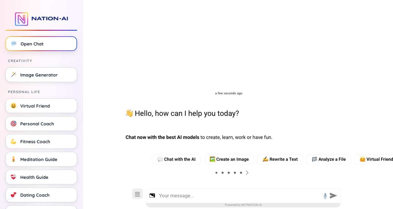 Nation AI interface: the sidebar lists the personal life assistants, including a dating coach, a style coach and a virtual friend.