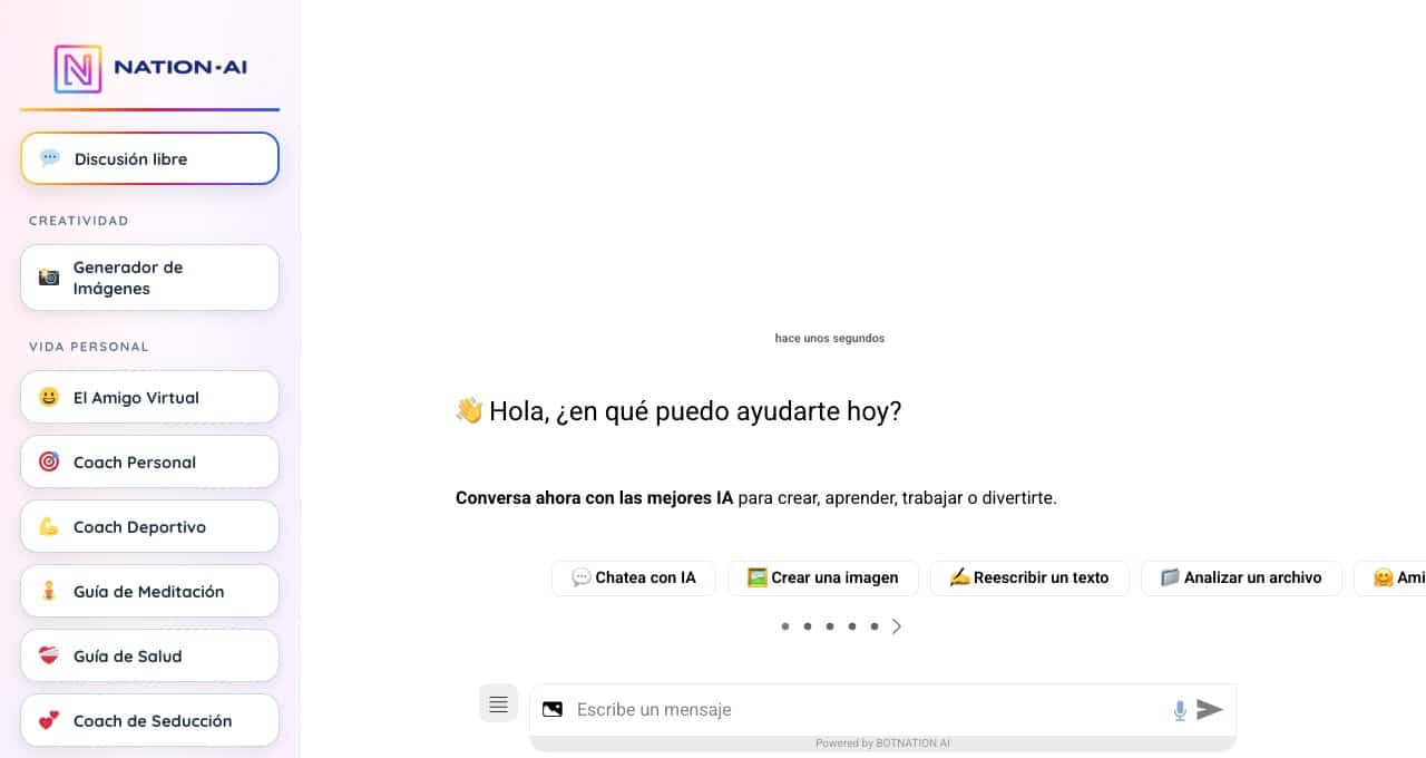 Interfaz de Nation AI: la barra lateral muestra los asistentes de vida personal, entre ellos un coach de seducción, un coach de imagen y un amigo virtual.