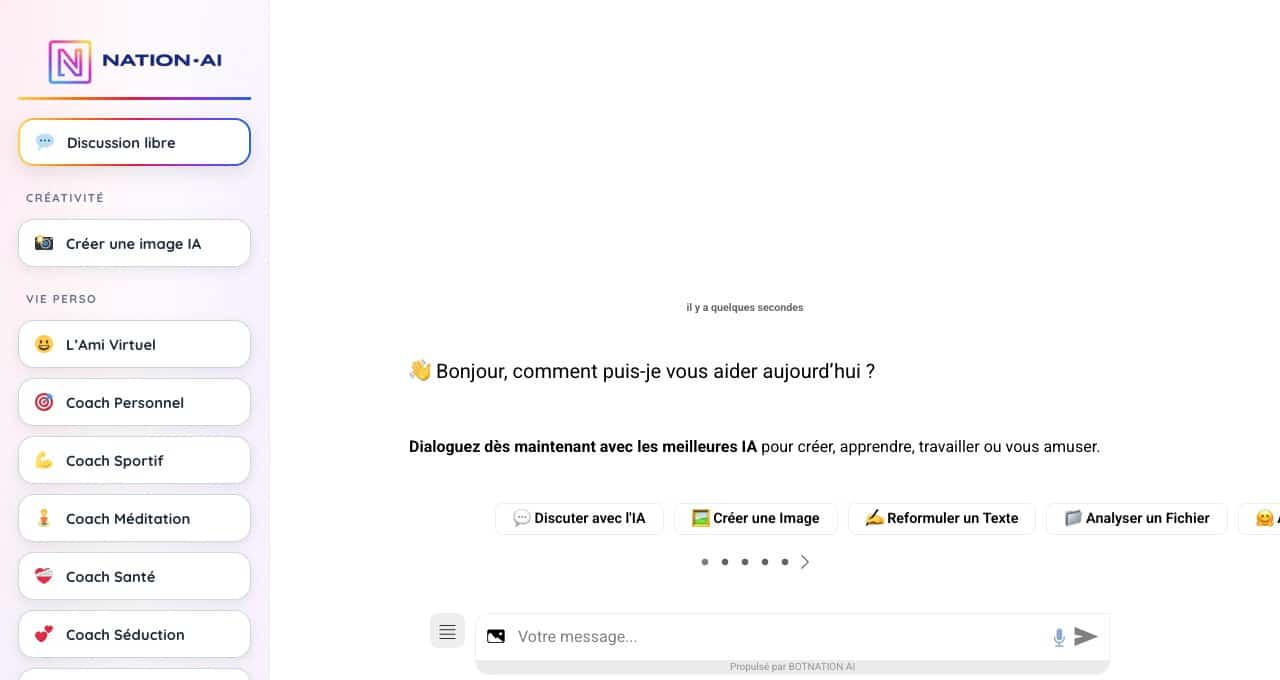 Interface de Nation AI : la barre latérale liste les assistants de vie personnelle, dont un coach séduction, un coach relooking et un ami virtuel.