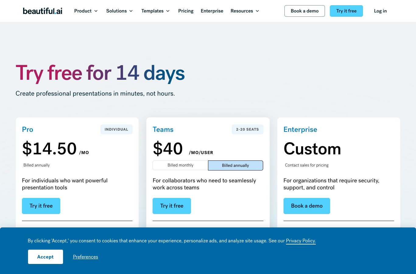 Page tarifaire Beautiful.ai : essai gratuit de 14 jours, plans Pro et Teams