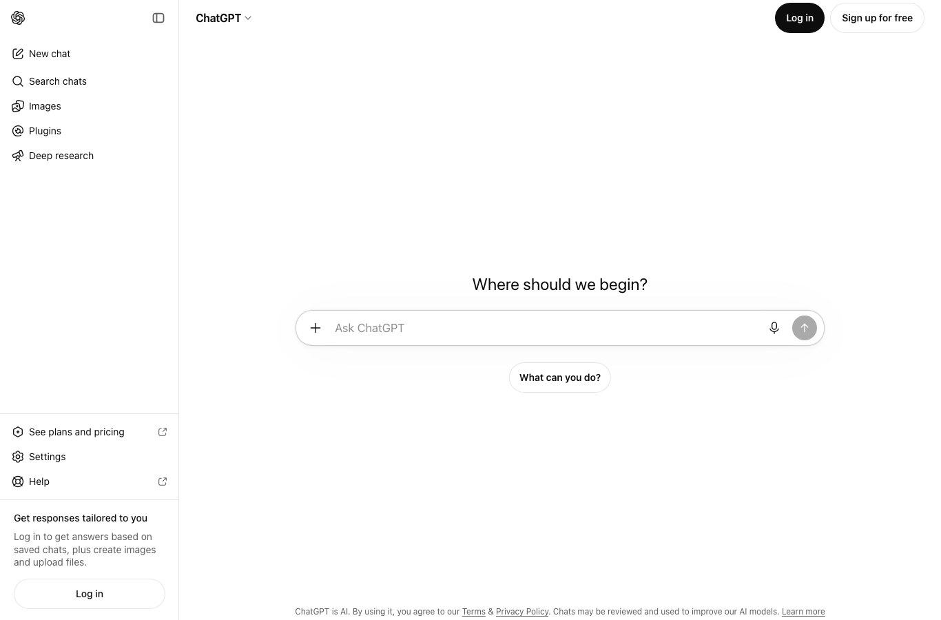 English home page of ChatGPT, OpenAI's AI assistant for coding