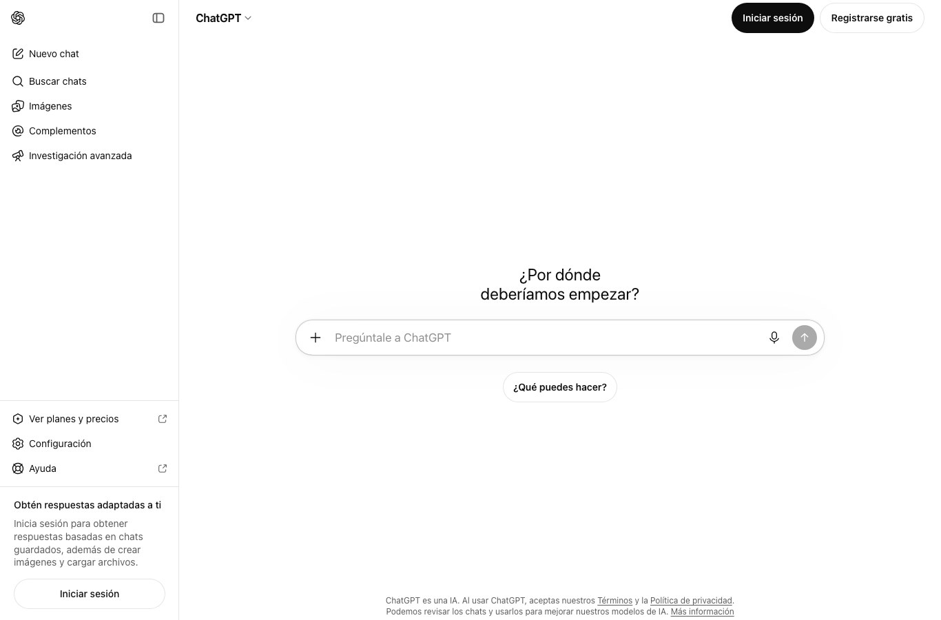 Página de inicio de ChatGPT en español, el asistente de IA para programar de OpenAI