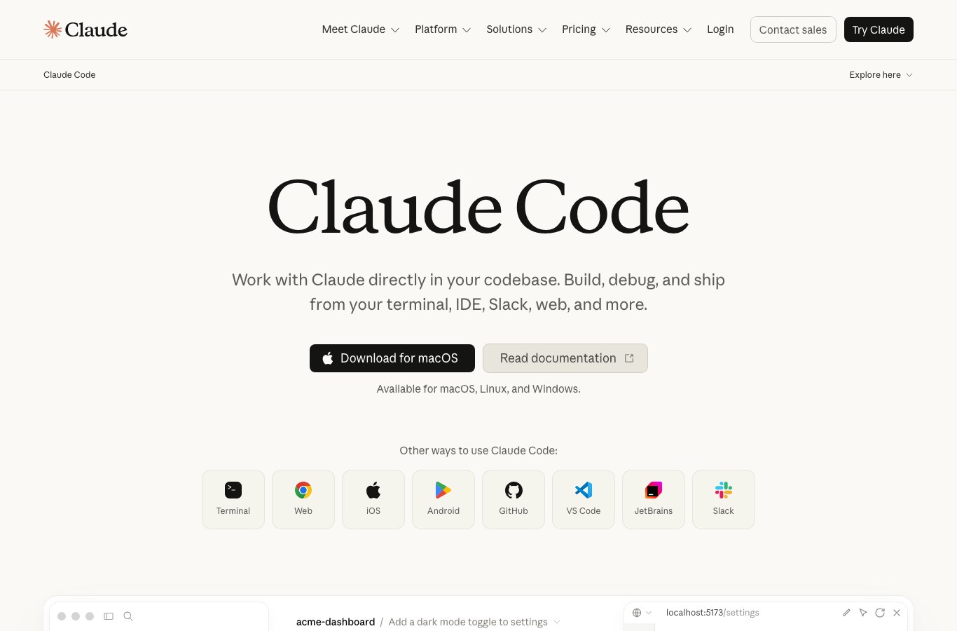 Product page of Claude Code, Anthropic's coding agent in the terminal