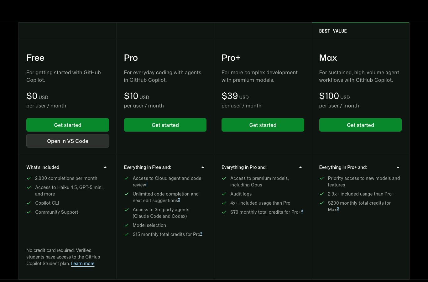 Official GitHub Copilot page with the Free, Pro, Pro+ and Max plans