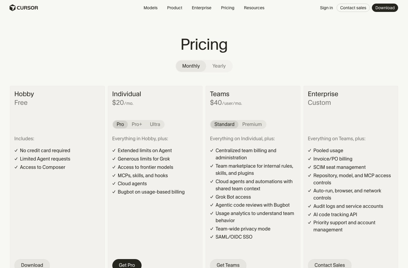 Cursor pricing page with the Hobby, Pro, Pro+, Ultra and Teams plans