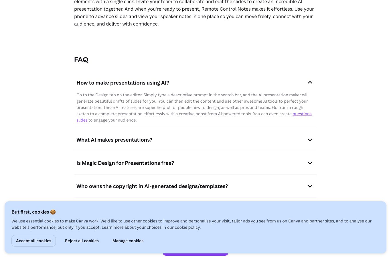 Canva AI presentation maker English page: FAQ section with the free Magic Design question