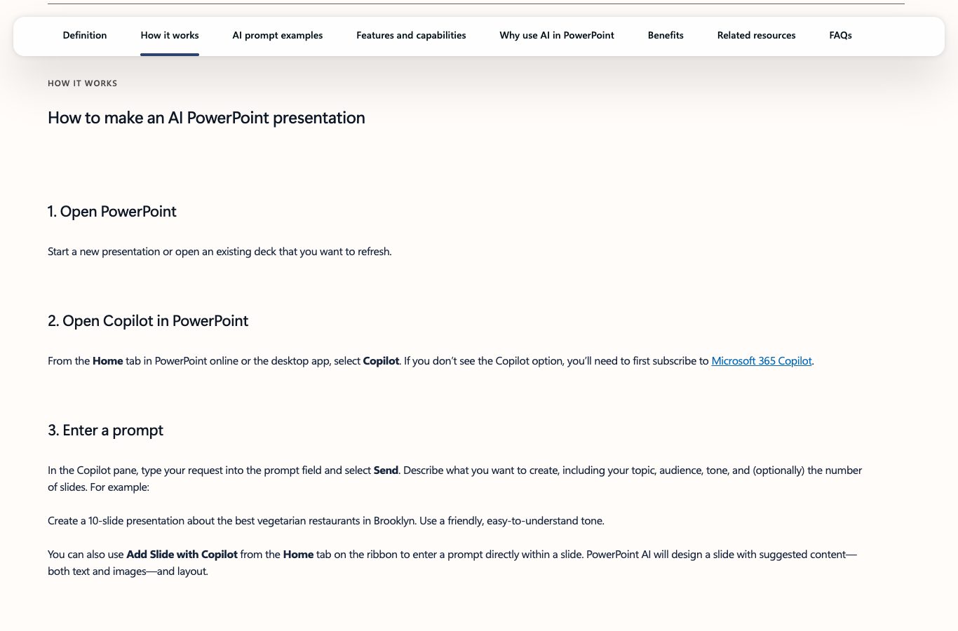 Official Microsoft page in English: step 2 notes that the Copilot option requires a Microsoft 365 Copilot subscription