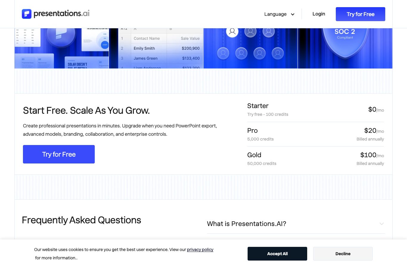 Presentations.AI English page: free 100-credit Starter plan and Pro and Gold tiers