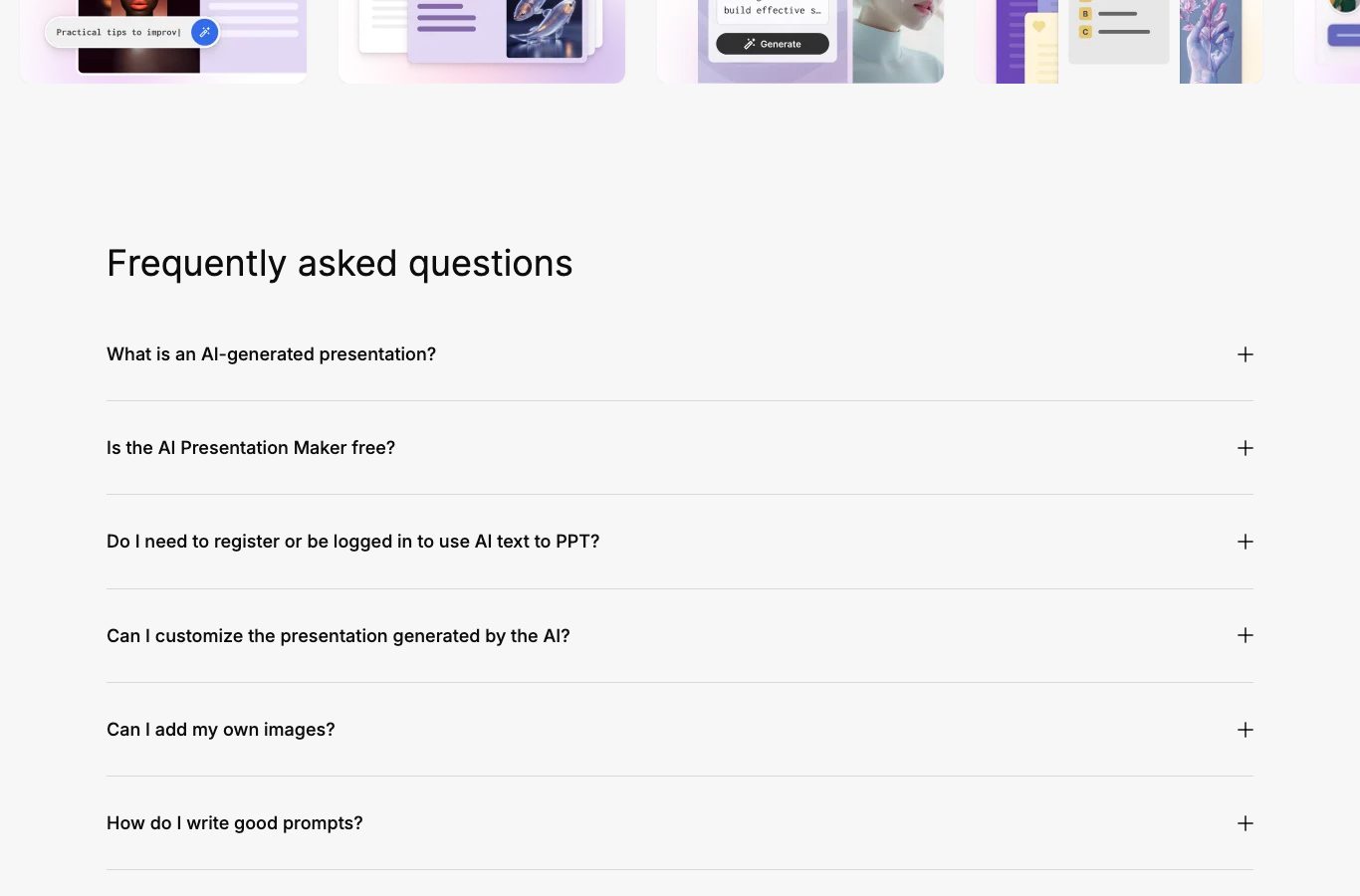 Slidesgo AI Presentation Maker English page: FAQ section with the free monthly limit question