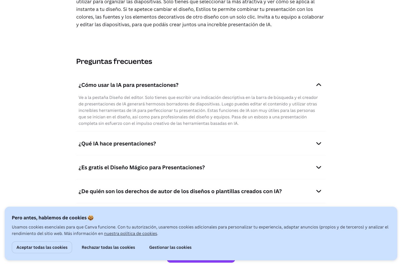 FAQ de Canva en español: pregunta sobre la gratuidad de Diseño Mágico para presentaciones