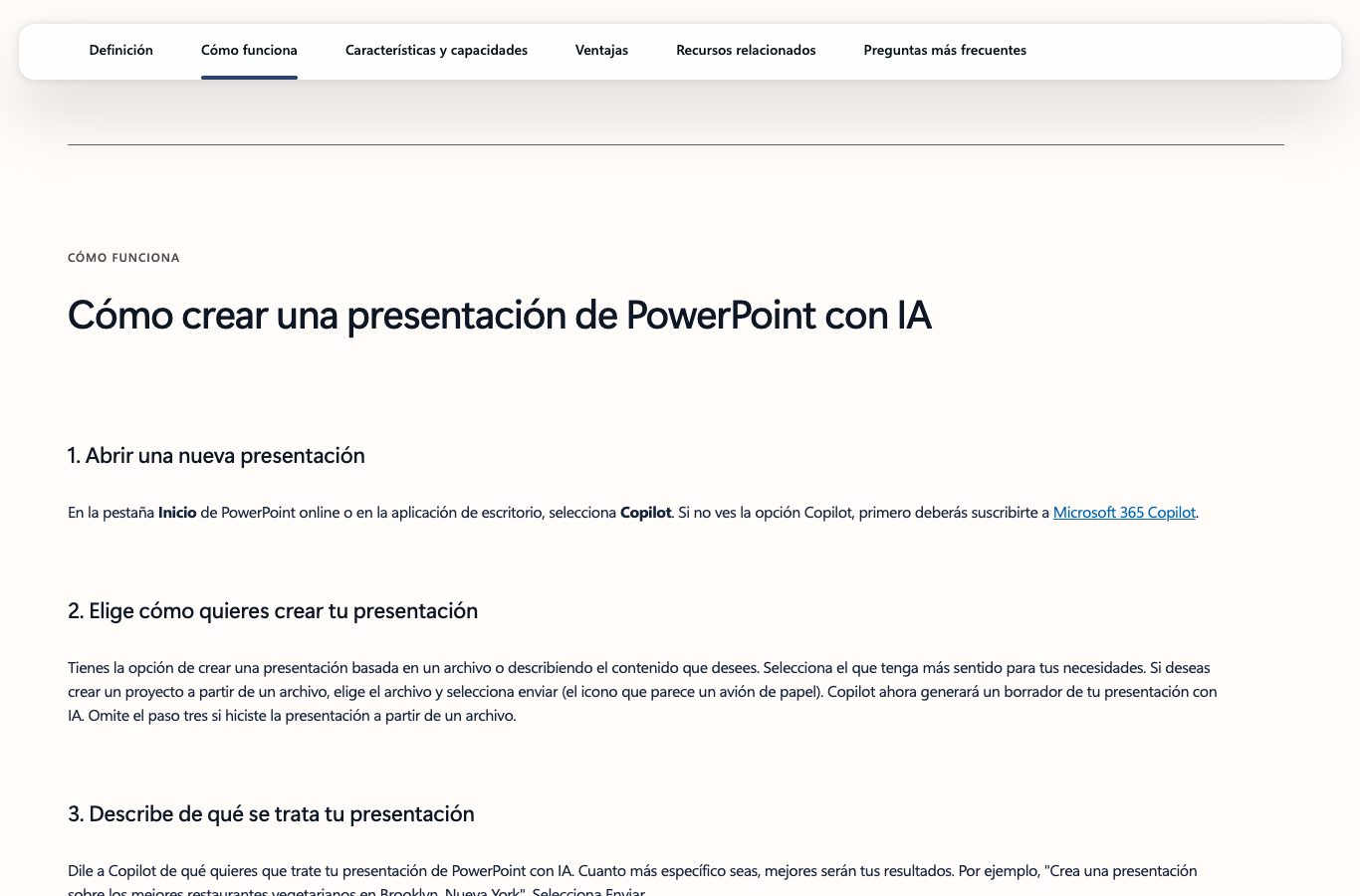 Página oficial de Microsoft en español: el creador de presentaciones con IA requiere una suscripción a Microsoft 365 Copilot