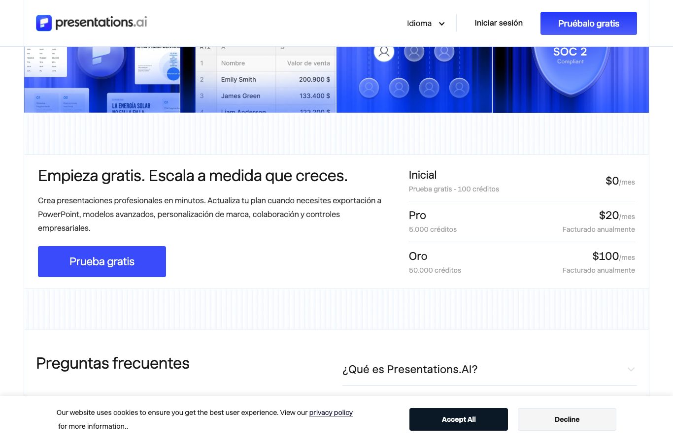 Presentations.AI en español: oferta gratuita de 100 créditos y planes Pro y Oro