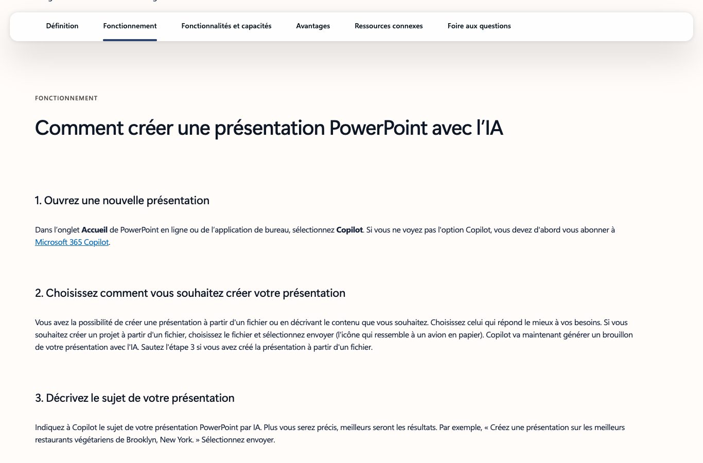 Page officielle Microsoft : l'IA des présentations PowerPoint nécessite un abonnement à Microsoft 365 Copilot